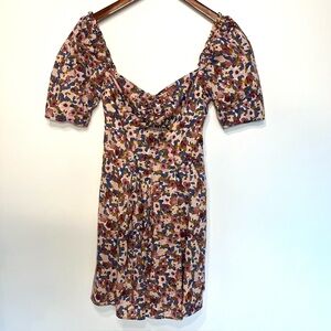 Lena boho floral mini dress front cutout back smocking, lined, small